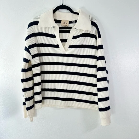 Elie Tahari Women’s Striped Knit Pullover Sweater Collared V-Neck Black White L - Picture 1 of 5